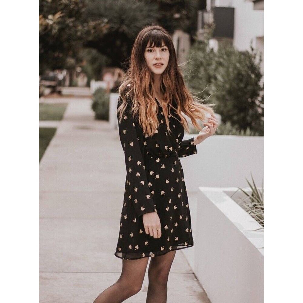 & Other Stories Mini Wrap Dress Size 0 Black Metallic Gold Leaves Long Sleeve